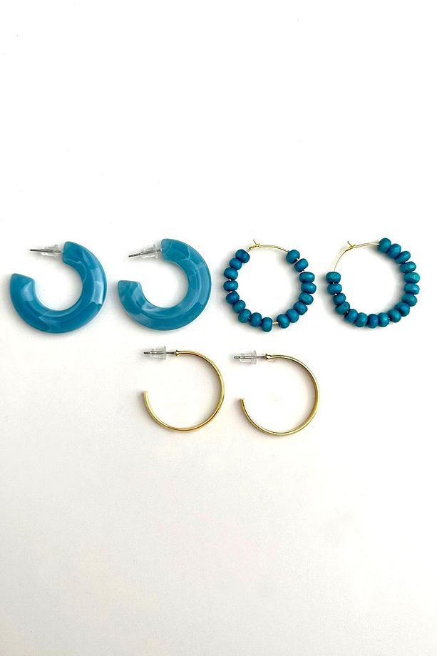 Mavi Üç Çift Renkli Halka Küpe Seti (ÇAPI 3 CM) - 1