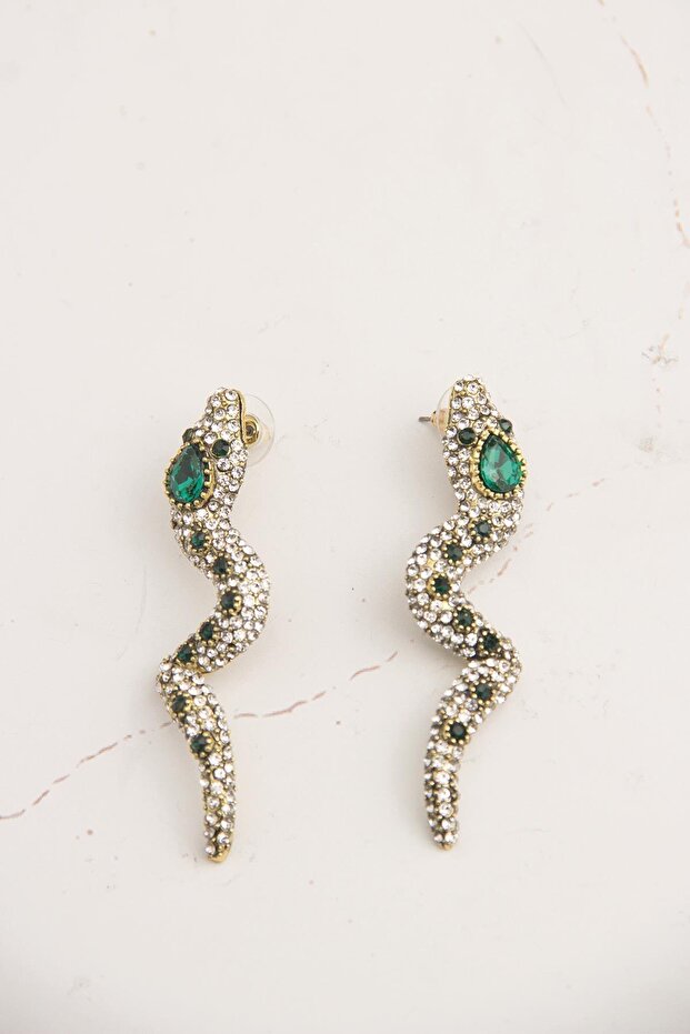 Gold Color Stoned Cobra Snake Earrings (6cm)