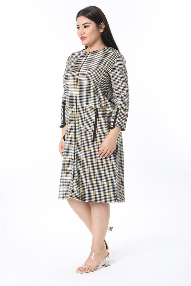 Women's Large Size Beige Sequin Patterned Dress with Pocket and Piping Detail 65n35419