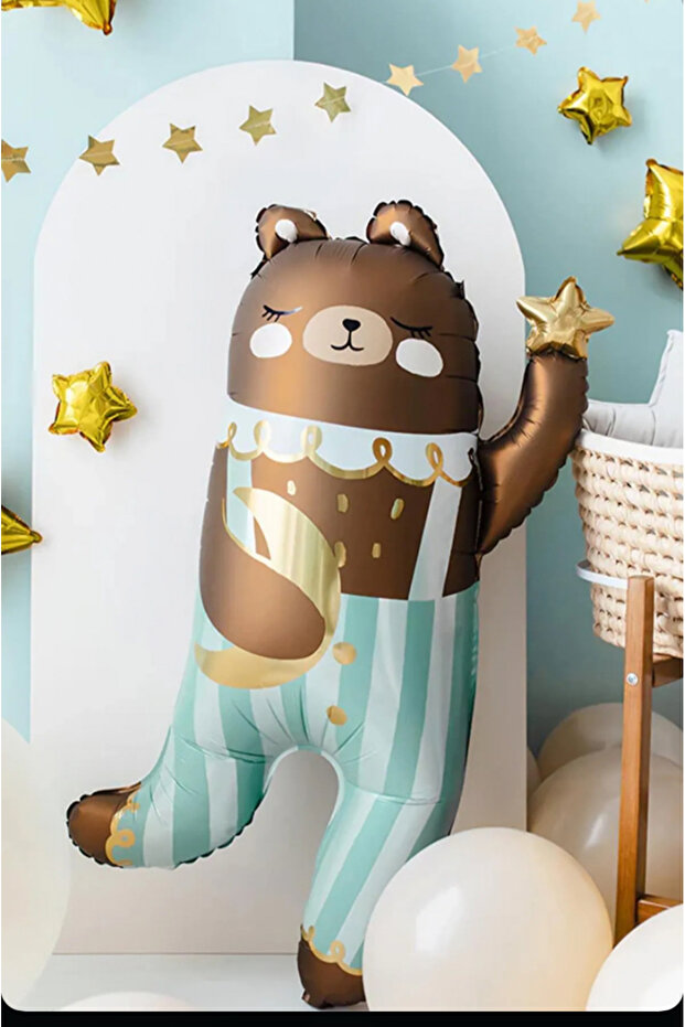 Retro Bear in Overalls Foil Balloon Moon and Star Bear Balloon 80 cm