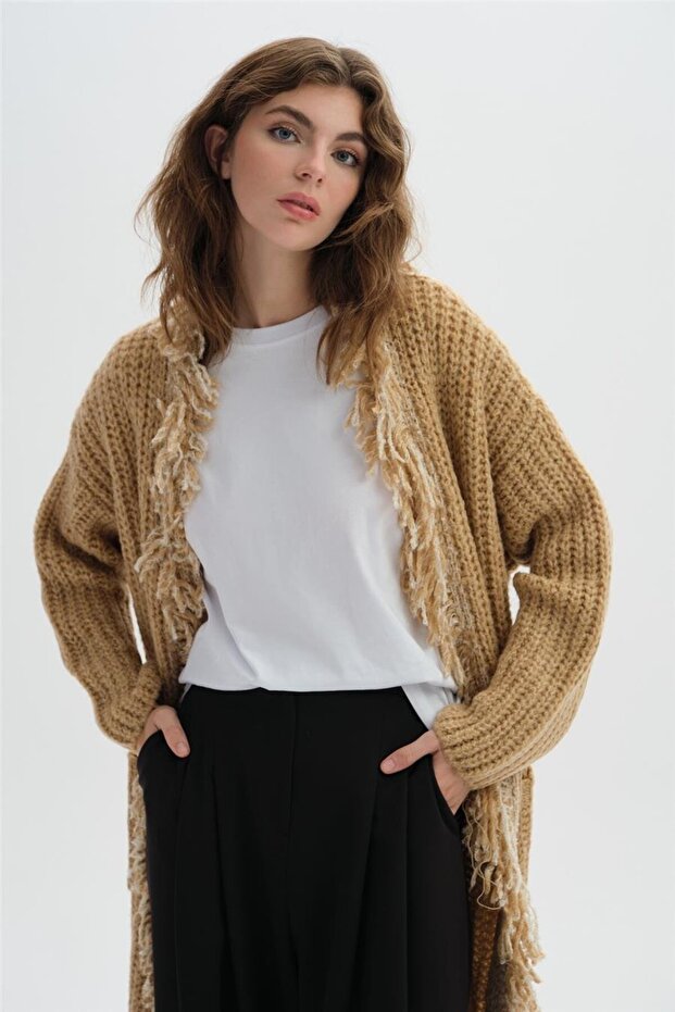 Camel Uzun Püsküllü Triko Hırka - 3