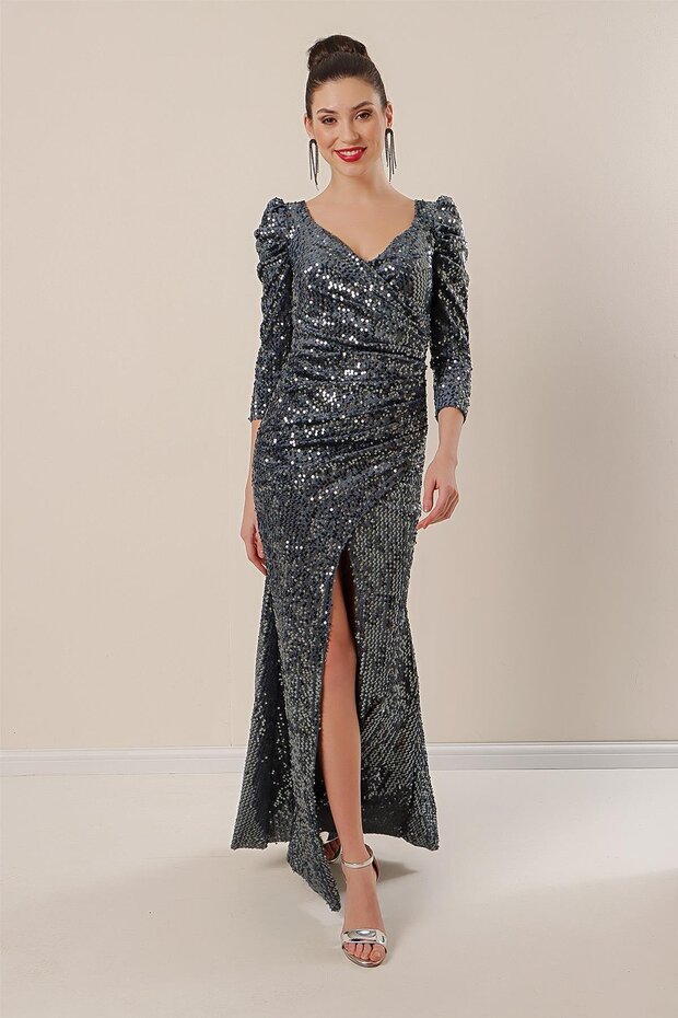 Shoulder and Waist Pleated Lined Sequin Long Velvet Dress