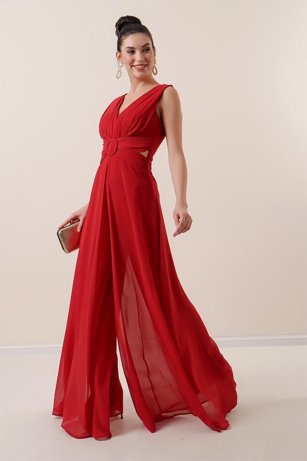 Low Waist Front Back V Neck Lined Chiffon Jumpsuit