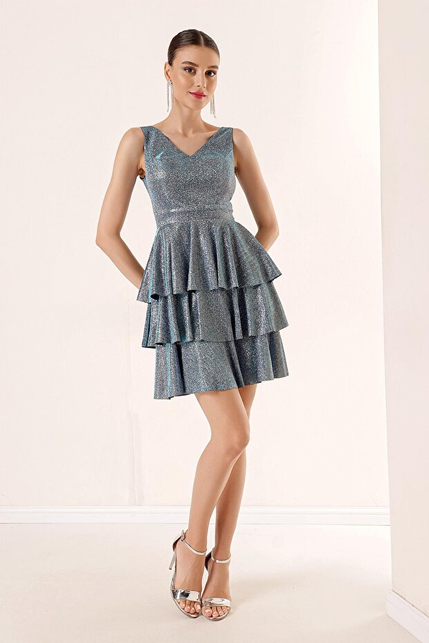 Ön Arka V Yaka Simli Katlı Elbise - 1