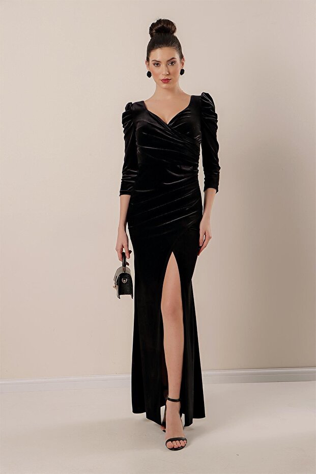 Rochie lungă din catifea plisată - 2