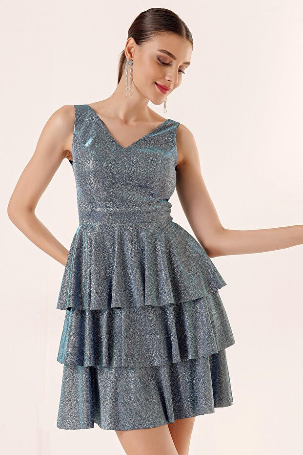 Ön Arka V Yaka Simli Katlı Elbise - 3