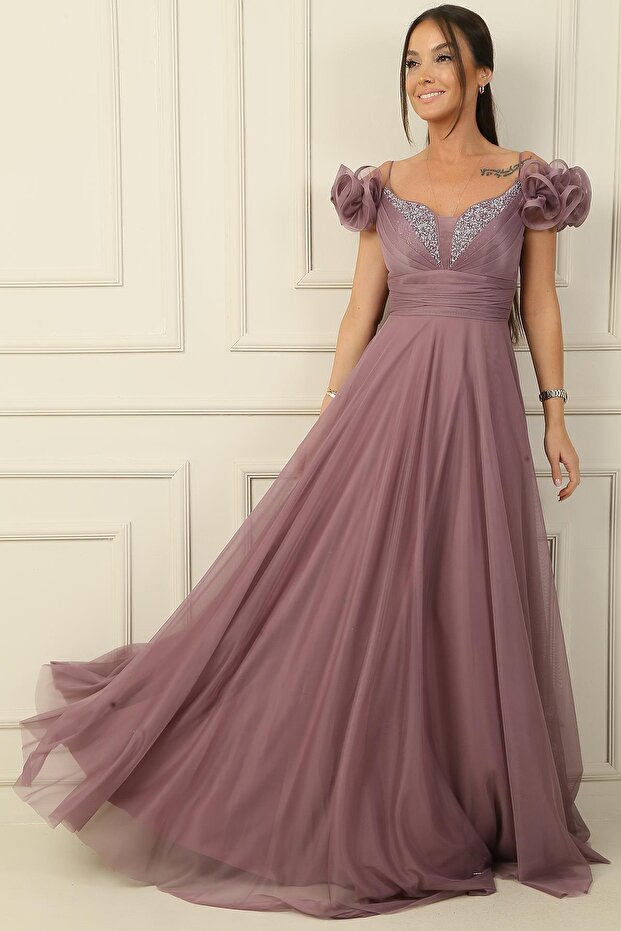 Front and Back V-Neck Strappy Short Sleeved Long Tulle Dress with Rhinestone Embellishment and Lining