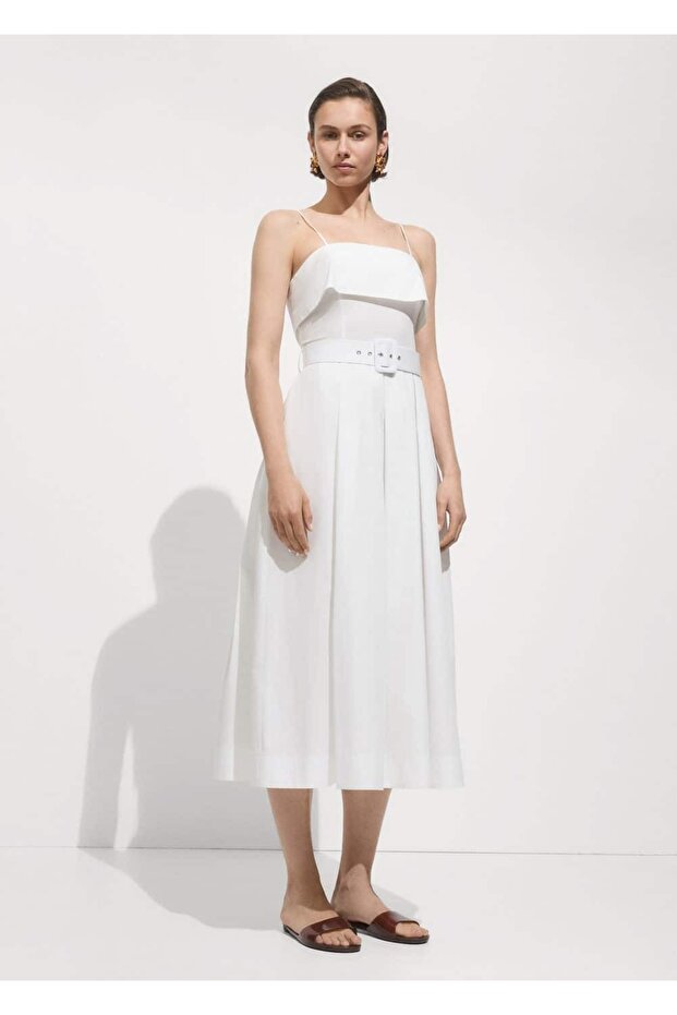 Kemerli kıvrık yaka elbise - 2