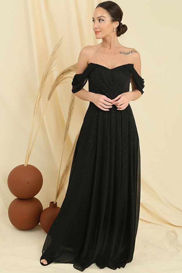 Low Sleeve Lined Skirt Pleated Glitter Long Tulle Dress