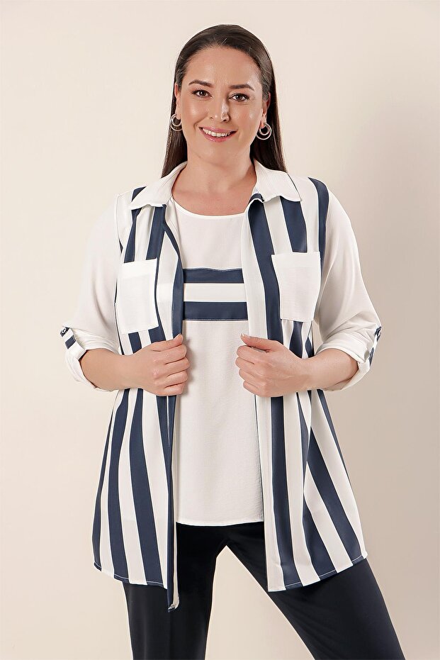 Sleeve Fold Pocket Stripe Neck Jacket Transverse Stripe Blouse Plus Size Viscose 2-Piece Set
