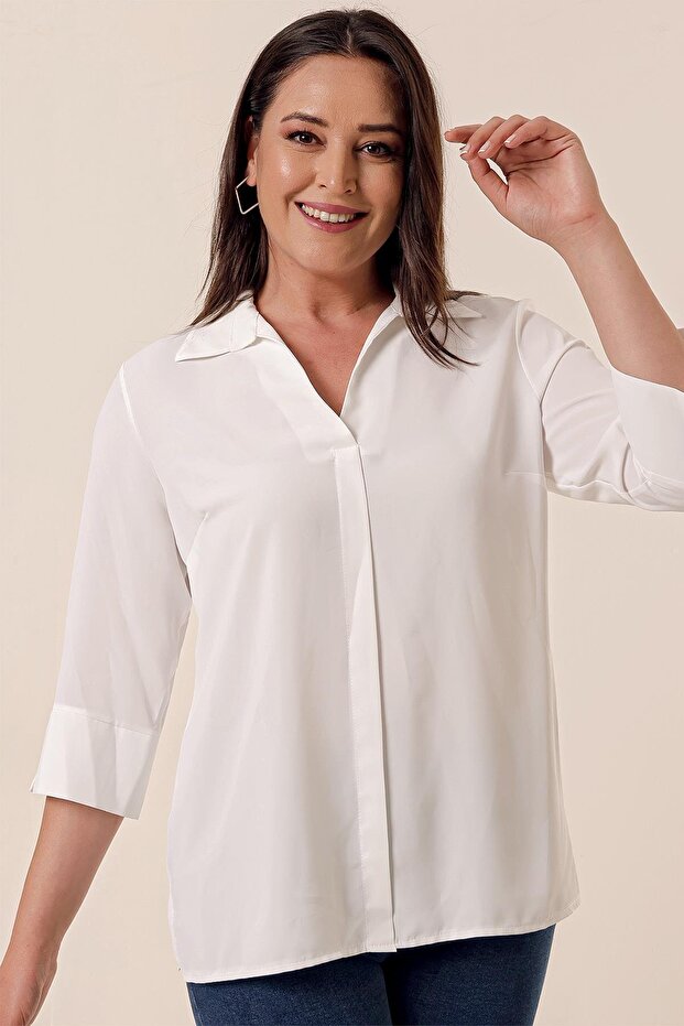 Polo Neck Quarter Sleeve Plus Size Blouse