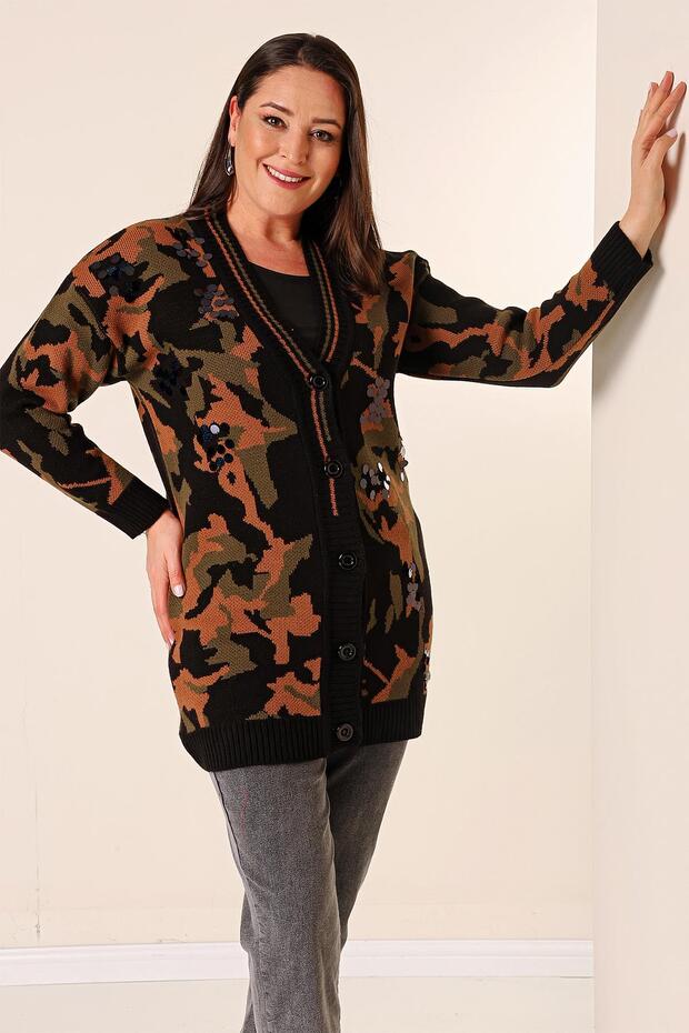 Oversize Kamuflaj Pullu Uzun Triko Hırka - 3