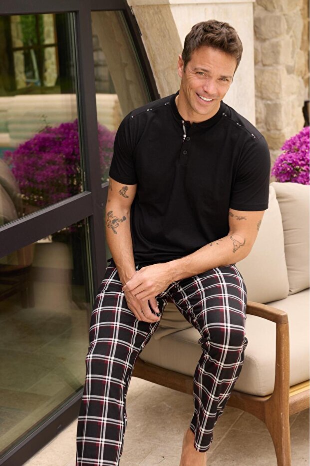 Men's Plaid Collar Buttoned Short Sleeve Knitted Combed Cotton Pajamas Set