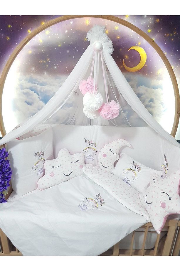 70x130 Nakışlı Bebek Uyku Seti Isimli - Lüks Cibinlik Ve Aparat - Gökkuşağı Unicorn Motifli - 3
