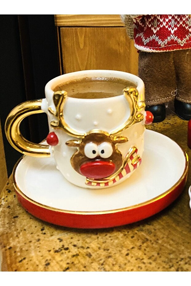 24 Carat Gold Decorated, Christmas Deer Embossed, Handmade, Gift Double Cup, Red Edge Tb