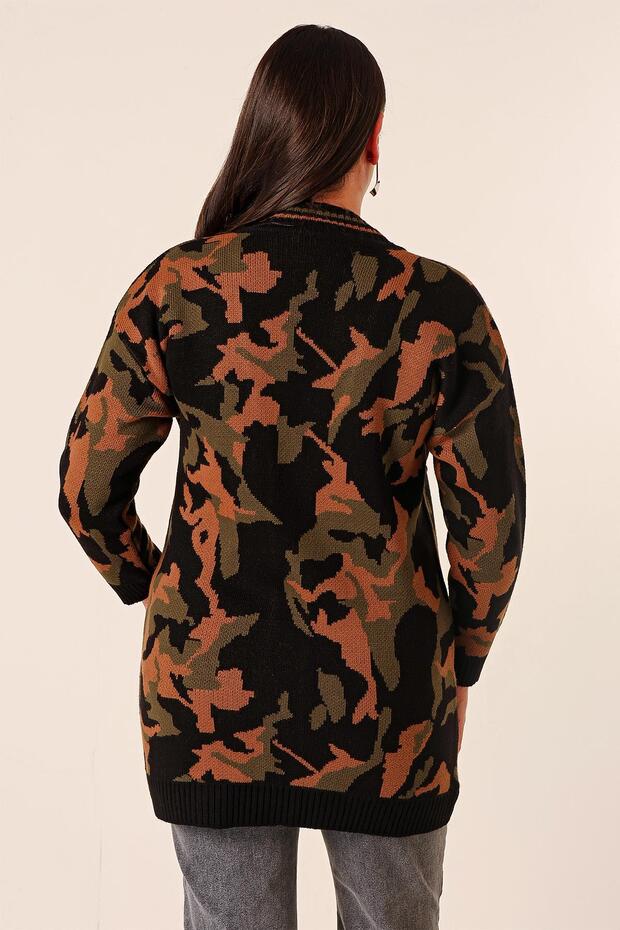 Oversize Kamuflaj Pullu Uzun Triko Hırka - 5