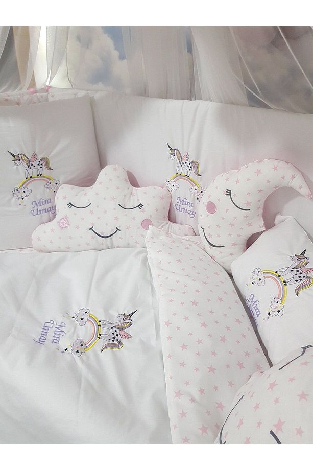 70x130 Nakışlı Bebek Uyku Seti Isimli - Lüks Cibinlik Ve Aparat - Gökkuşağı Unicorn Motifli - 7