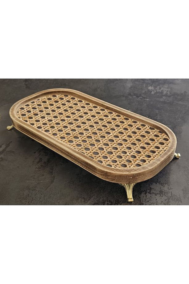 Ahşap Rustik Gold Ayaklı Hazeran Tepsi Rattan Sunum - 4
