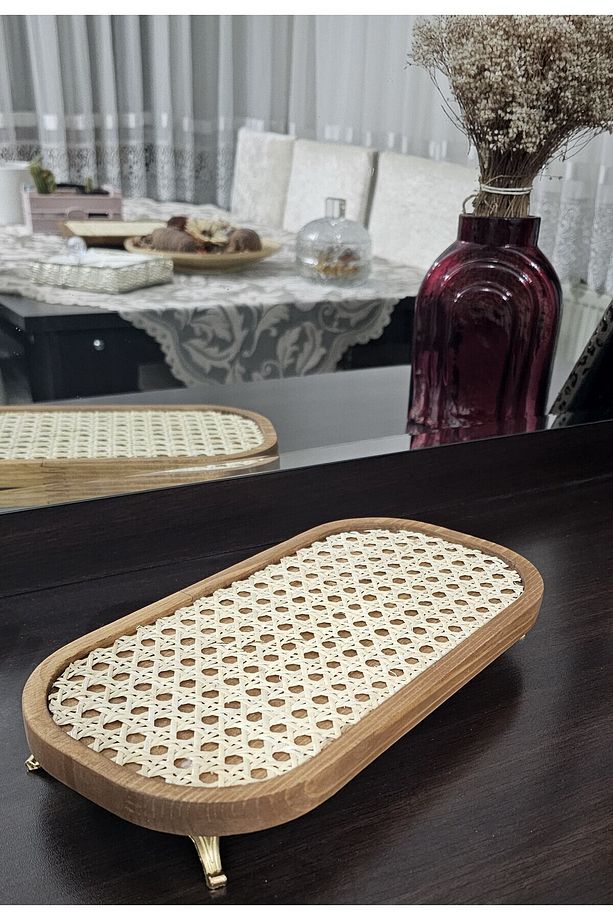 Ahşap Rustik Gold Ayaklı Hazeran Tepsi Rattan Sunum - 1