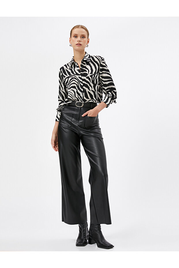 Zebra Patterned Shirt Long Sleeves with Pocket Detail and Hidden Buttons