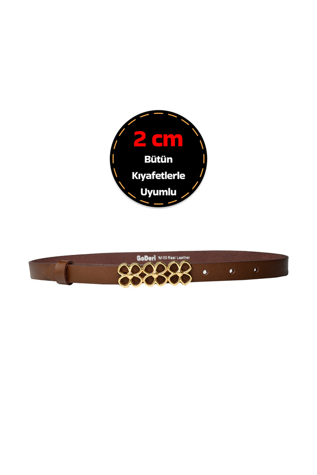 Women's Light Brown Belt with 100% Genuine Leather, Gold Color Buckle 2 Cm; Dress, Pants Belt_3Flower