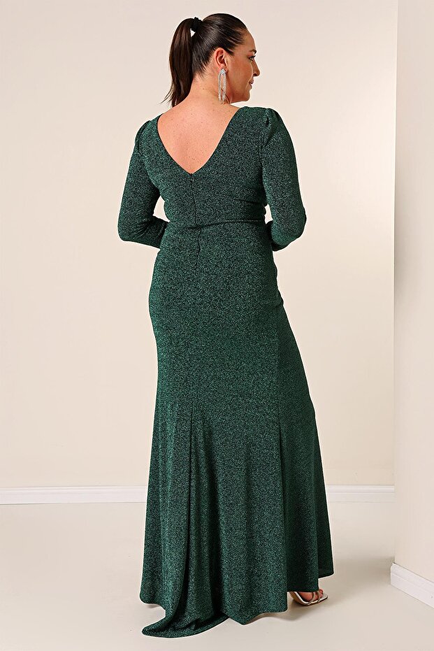 Dlouhé šaty s třpytivým úpletem s dvojitým nákrčníkem vpředu s řaseným dlouhým rukávem a podšívkou - 5