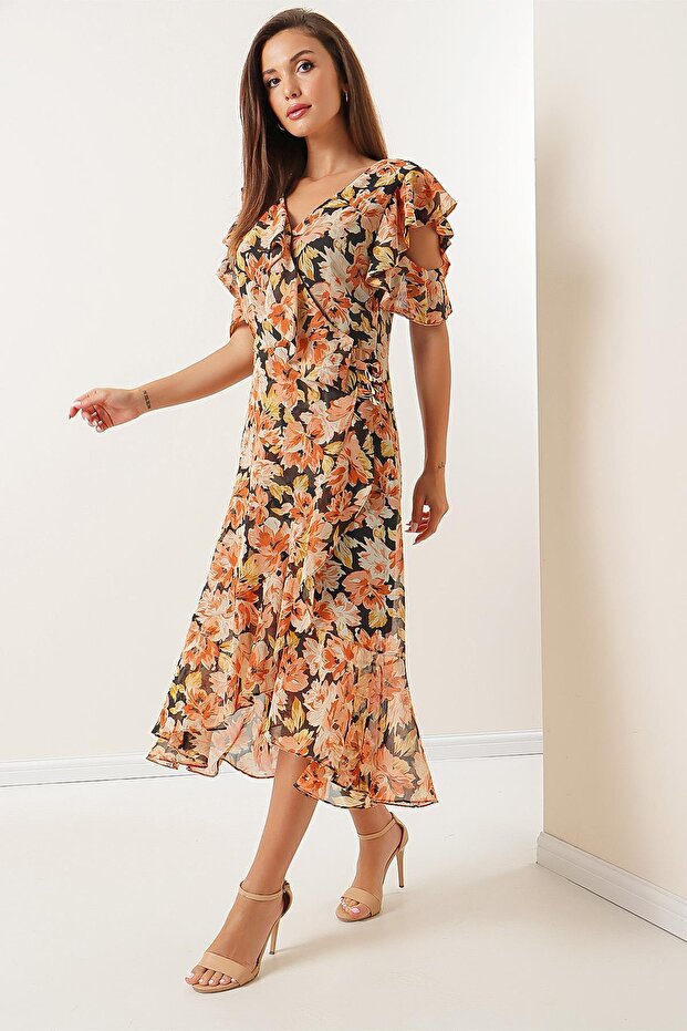 Monaco Chain Detailed Flounced Lined Hopper Pattern Chiffon Dress