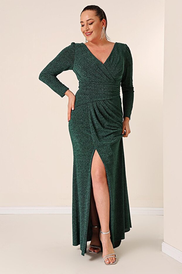 Dlouhé šaty s třpytivým úpletem s dvojitým nákrčníkem vpředu s řaseným dlouhým rukávem a podšívkou - 2