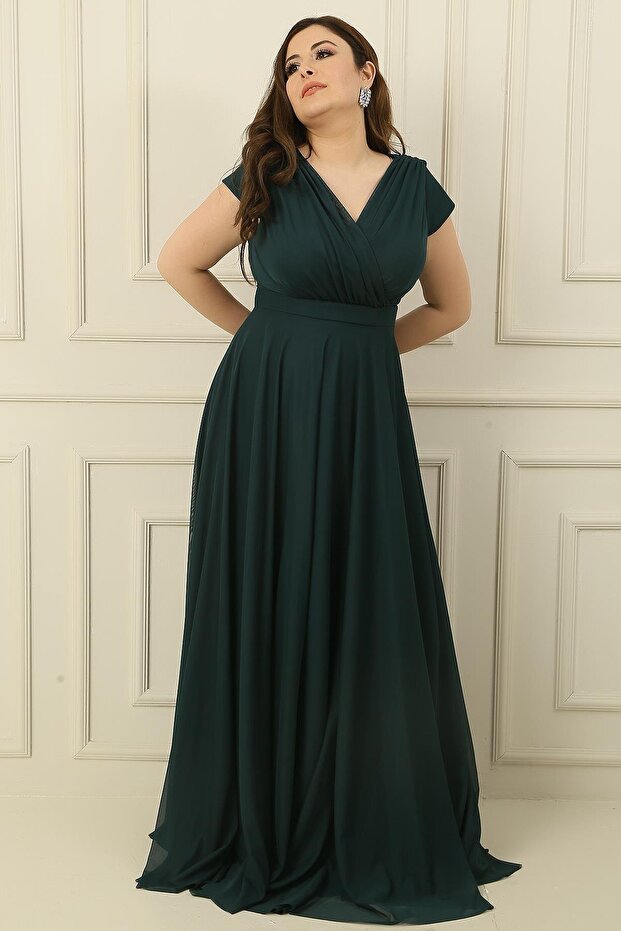 Dvouřadý límec podšitý rukávem na nehty Plný kruh rozšířený šifonový tyl velké velikosti Dlouhé šaty - 2