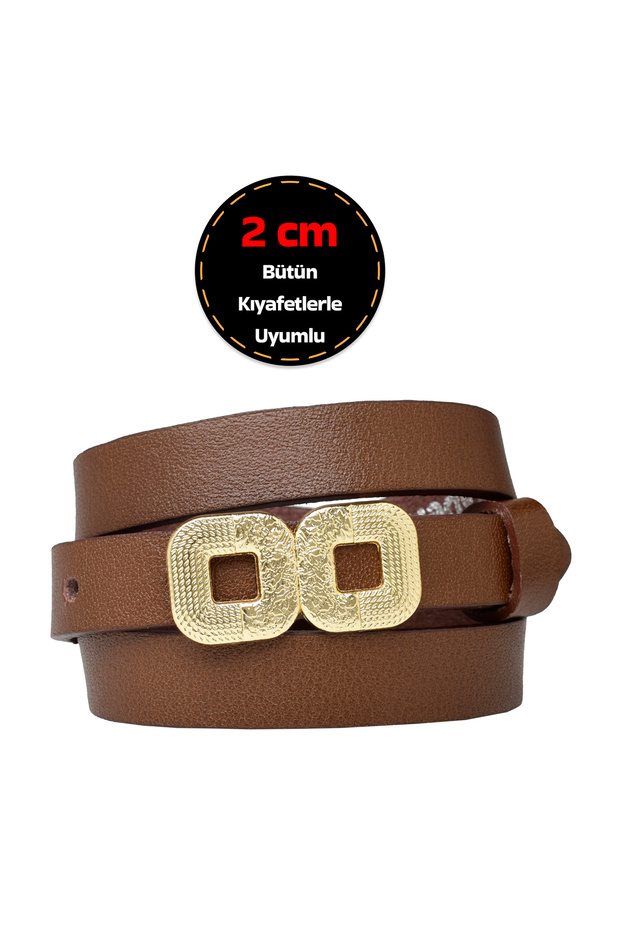 100% Genuine Leather, 2 cm Light Brown Women's Belt with Gold Color Buckle; Dress, Trouser Belt_Gözka