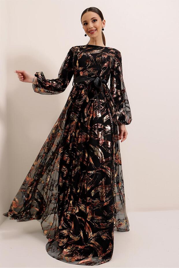 Yaldiz Long Dress with Belted Waist Lining