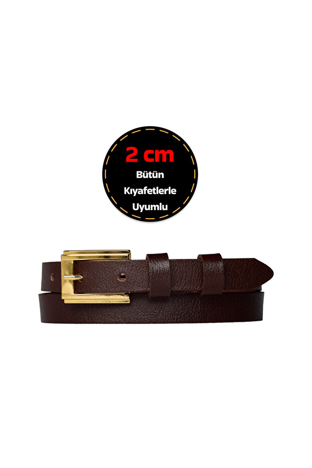 100% Genuine Leather, 2 cm Dark Brown Women's Belt with Gold Color Buckle; Dress, Trouser Belt_Dbüyük