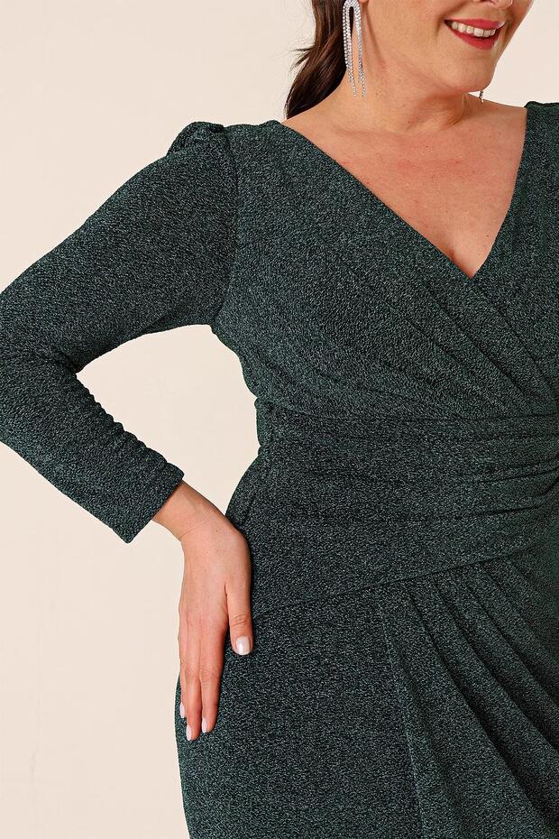 Dlouhé šaty s třpytivým úpletem s dvojitým nákrčníkem vpředu s řaseným dlouhým rukávem a podšívkou - 4