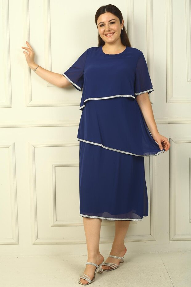 Women's Stone Detailed Lined Short Sleeve 3 Layers Chiffon Plus Size Dress