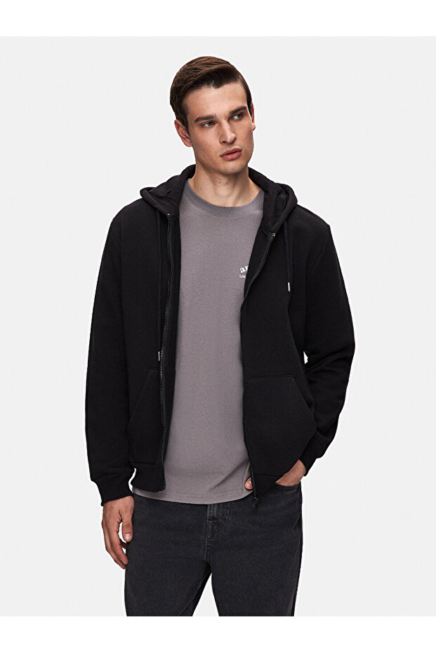 Kapüşonlu Fermuarlı Basıc Siyah Sweatshırt - 2