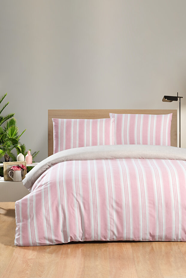 Paradise Double Pink Striped Elastic Duvet Cover Set