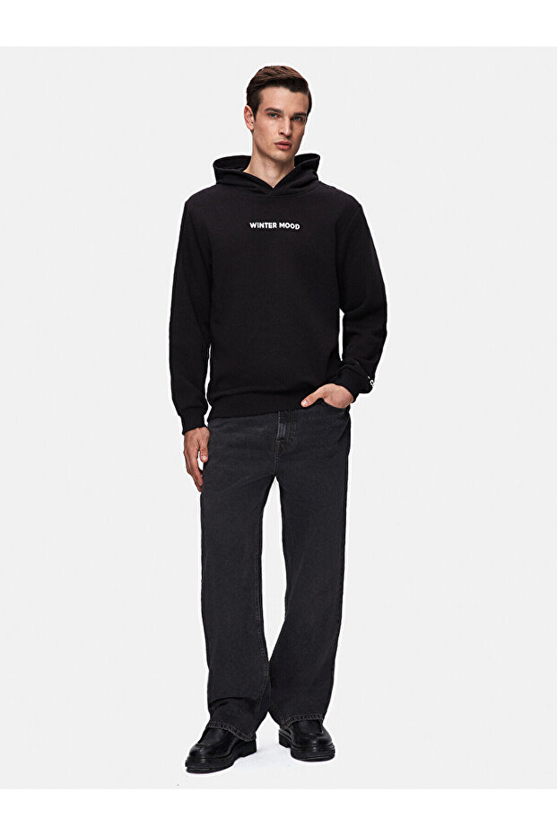 Sloganlı Kapüşonlu Regular Siyah Sweatshırt - 1