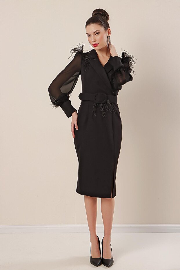 Double Breasted Neckline Waist Belt Front Slit Sleeve Chiffon and Cuffed Feather Detail Crepe Dress