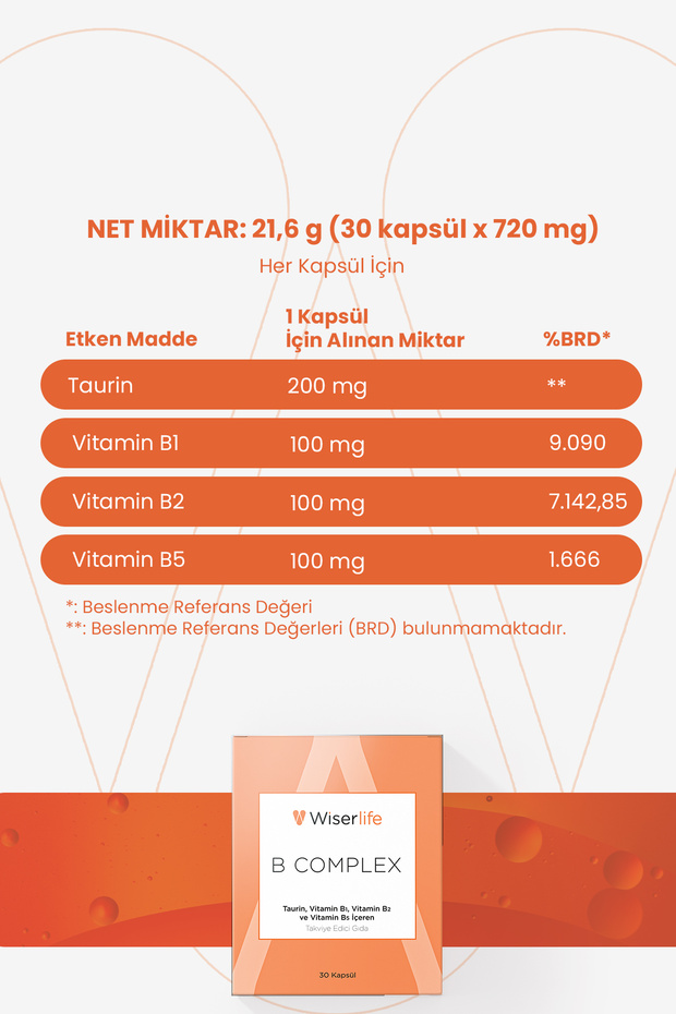 B Complex Taurin, B1, B2 Ve B5 Içeren Takviye Edici Gıda 30 Kapsül - 6