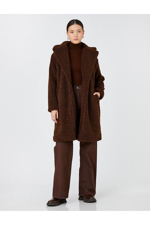 Uzun Peluş Oversize Kaban Tek Düğmeli Cepli - 1