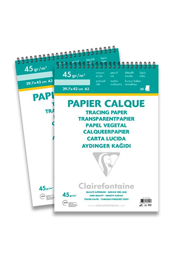 Claırefontaine Tracıng Short Edge Top Spiral Tracıng Block A3 40/45 Gram 30 Sheets 6 Pieces