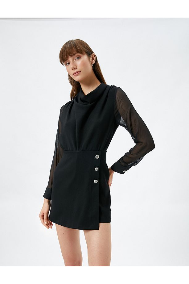 Mini Şort Tulum Uzun Kollu Drape Yaka Düğme Detaylı - 1