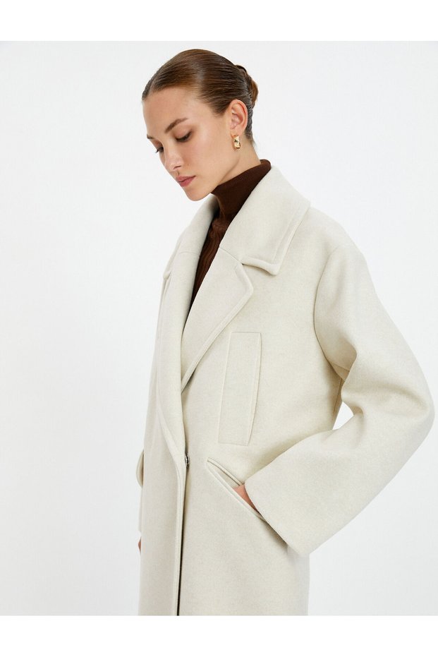 Stamped Coat with Double Breasted Flap and Hidden Pocket Detail