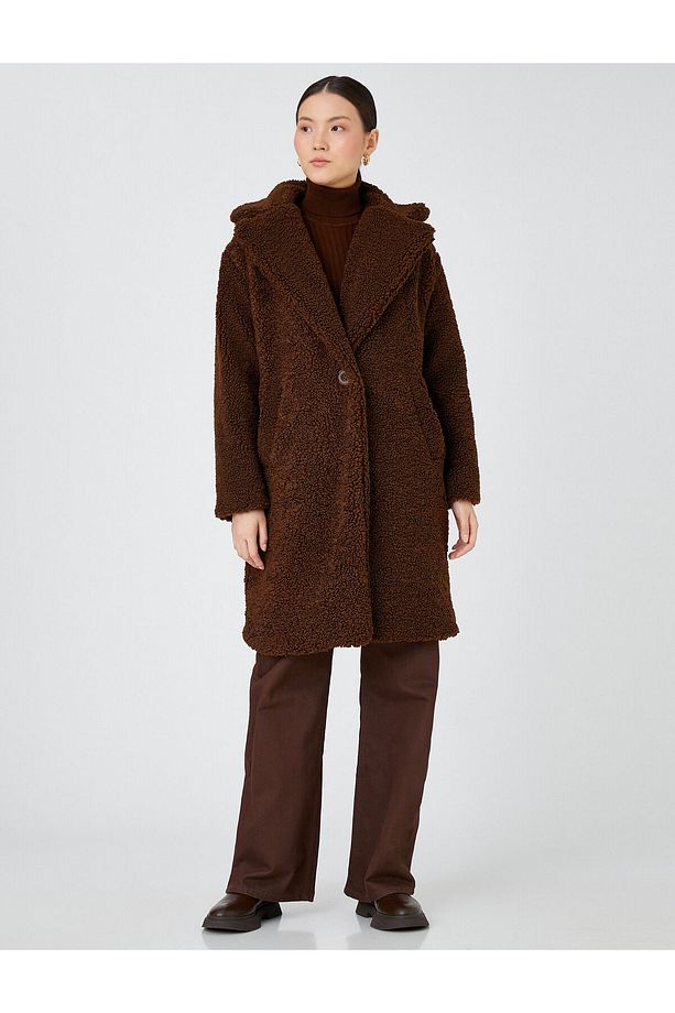 Uzun Peluş Oversize Kaban Tek Düğmeli Cepli - 3