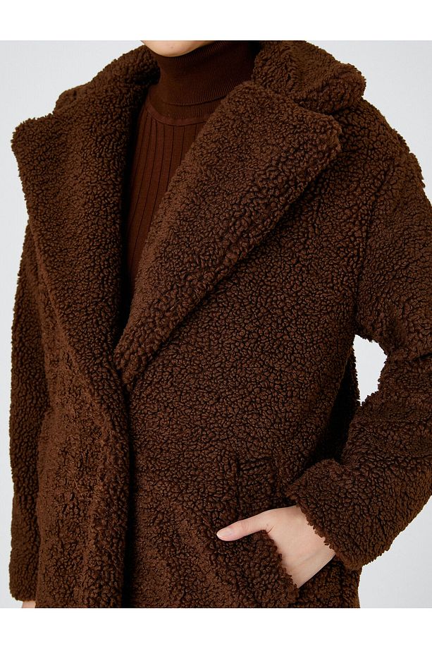Uzun Peluş Oversize Kaban Tek Düğmeli Cepli - 5