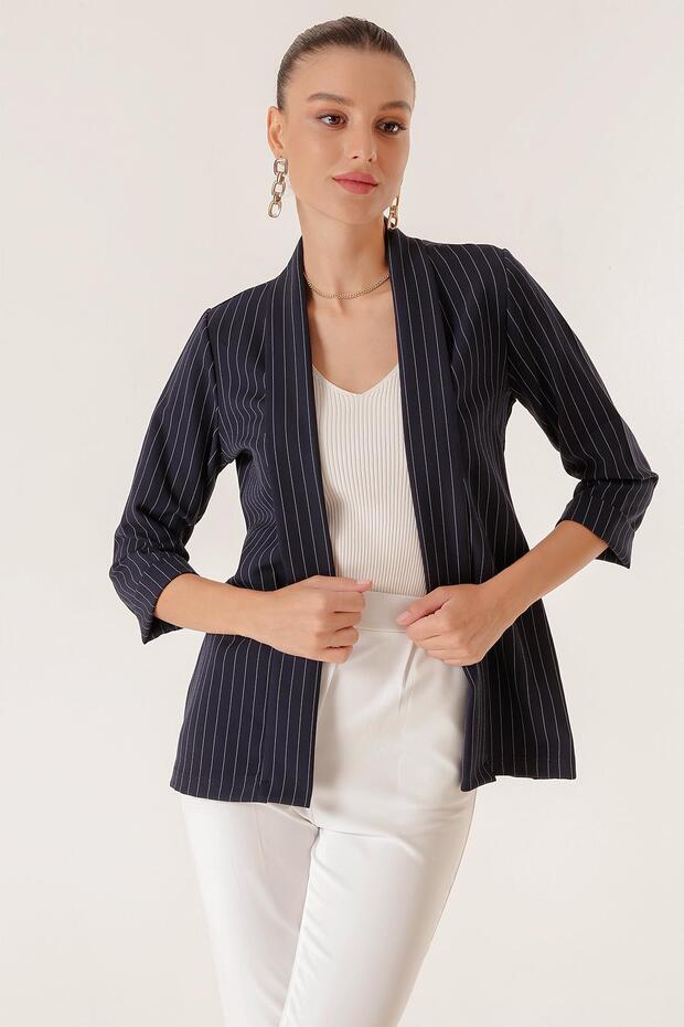 Shawl Collar Wide Length Lycra Double Sleeve Length Slim Striped Fabric Jacket
