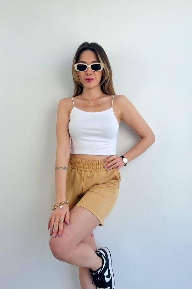 Hannah Bel Lastikli Basic Penye Şort Vizon - 4