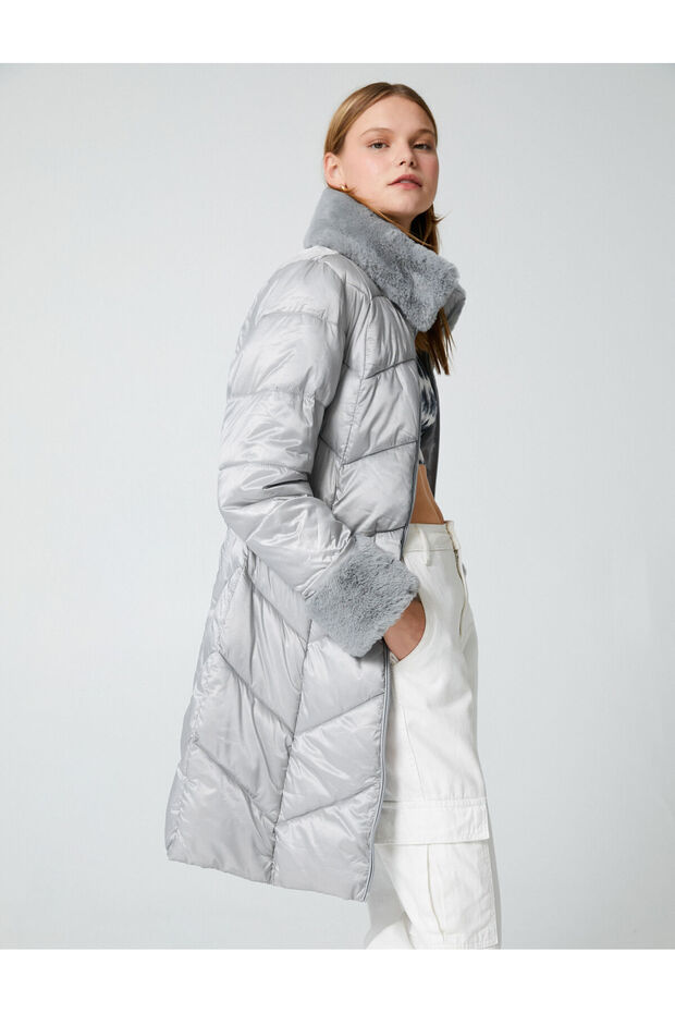 Long Puffer Jacket with Belt, Faux Fur Detail and Pockets