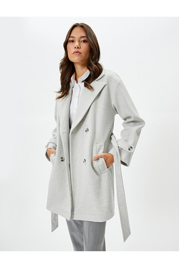 Stamp Coat Double Breasted Buttoned Pocket Detailed Belted Waist