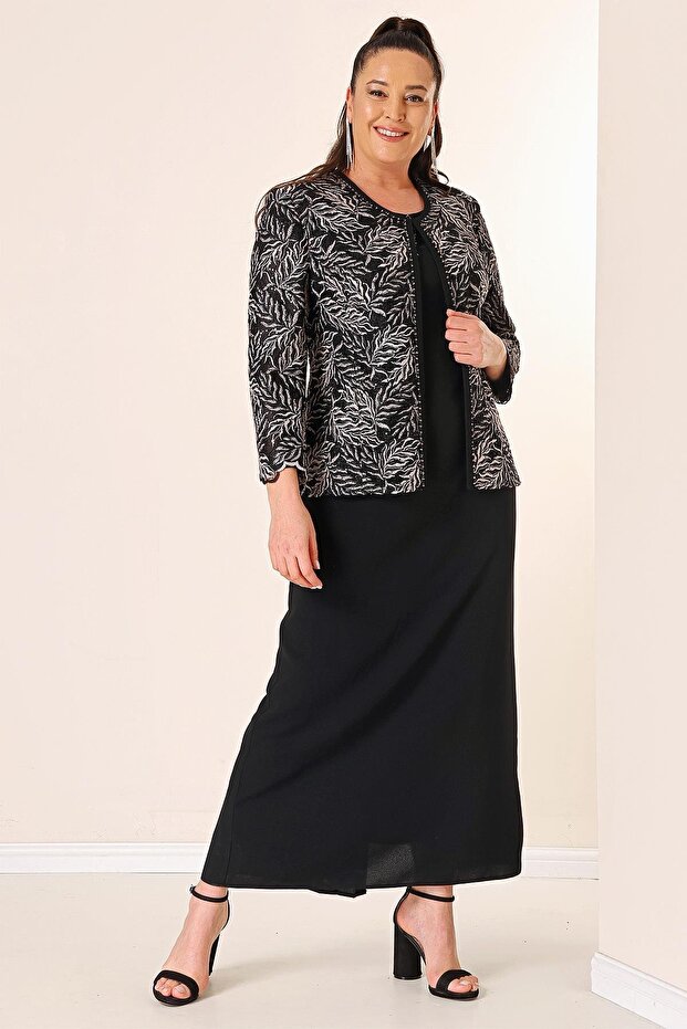 Long Dress with Bead Embroidery on the Collar and Beaded Sequin Embroidery Jacket Lined Large Size 2-Piece Set
